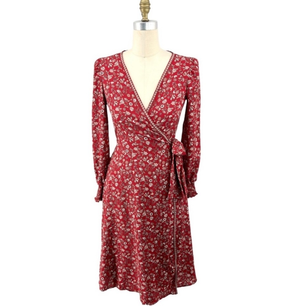 NWT Max Studio Balloon Sleeve Red Floral Wrap Dress Size S - Picture 2 of 9